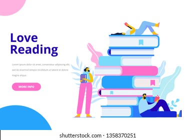 People who love to Read. Reading Books concept. People sitting and reading on a huge stack of books. Cartoon flat vector illustration isolated on white background.