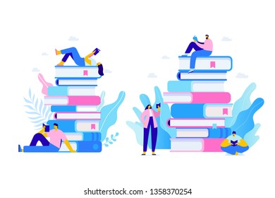 People who love to Read. Reading Books concept. People sitting and reading on a huge stack of books. Cartoon flat vector illustration isolated on white background.