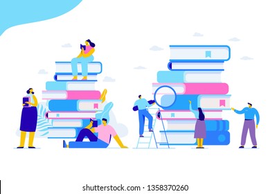 People who love to Read. Reading Books concept. People sitting and reading on a huge stack of books. Cartoon flat vector illustration isolated on white background.