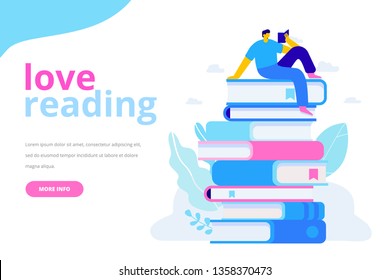 People who love to Read. Reading Books concept. Man sitting and reading on a huge stack of books. Cartoon flat vector illustration isolated on white background.