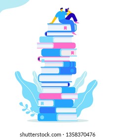 People who love to Read. Reading Books concept. Man sitting and reading on a huge stack of books. Cartoon flat vector illustration isolated on white background.