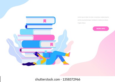 People who love to Read. Reading Books concept. Girl lying on the ground and reading on a huge stack of books. Cartoon flat vector illustration isolated on white background.