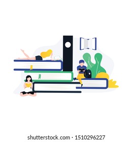 People who love to Read. Reading Books concept. People sitting and reading on a huge stack of books. Cartoon flat vector illustration isolated on white background.