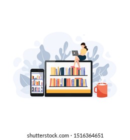 People who love to Read. Reading Books concept. People sitting and reading on a huge stack of books. Cartoon flat vector illustration isolated on white background.  