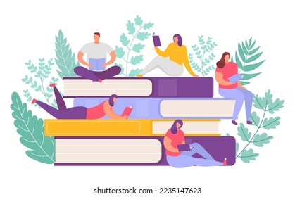 People who love to read reading books on giant stack of books flat vector illustration. Readers in library or university students.