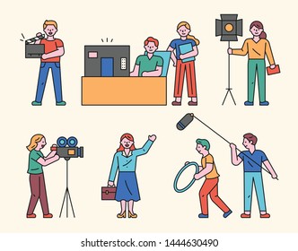 People who make movies. Role and equipments in each field of cinematography. flat design style minimal vector illustration.