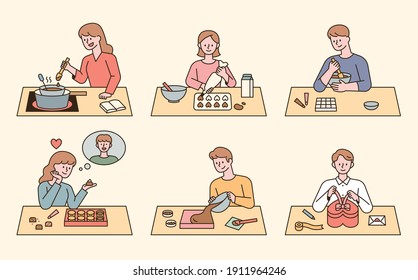 People who make Valentine's Day chocolate gifts. The order of making chocolate. flat design style minimal vector illustration.