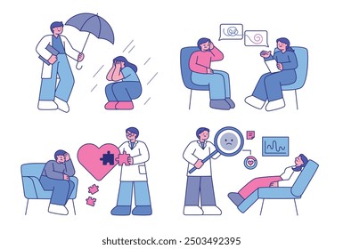 People who are mentally struggling are receiving treatment from a psychiatrist. outline simple vector illustration.