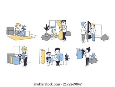 People who move or build a new house and bring luggage to a new house Comical handwritten person Vector, warm line drawing