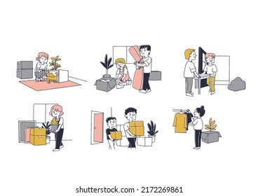 People who move or build a new house and bring luggage to a new house Comical handwritten person Vector, warm line drawing