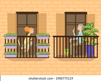 People who are neighbors sit on their balconies and talk, people in houses, the concept of neighborhood, social interaction, indifference to others. Vector illustration in flat style