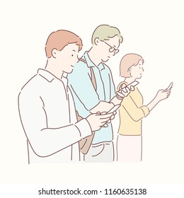 People who are not talking but looking on their cell phones. hand drawn style vector design illustrations.