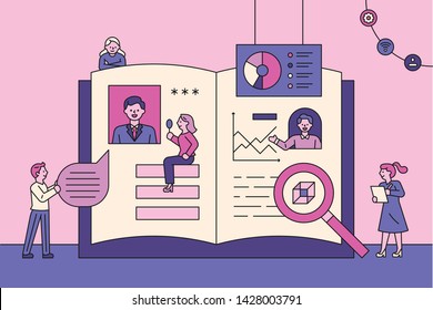 People who open a giant book and do research. flat design style minimal vector illustration