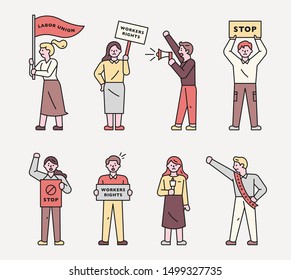 People who picket protest for workers' rights. flat design style minimal vector illustration.