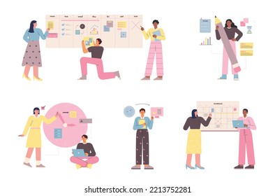 People who plan the project. People are writing schedules on big clocks and calendars. flat vector illustration.