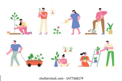 People who plant and grow plants on the ground. flat design style minimal vector illustration.