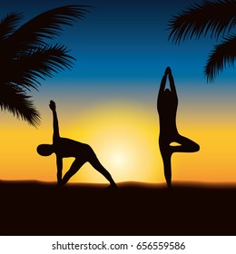 People who practice yoga on the sunset beach