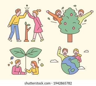 Personas que protegen el medio ambiente y viven con la naturaleza. estilo de diseño plano ilustración vectorial mínima.