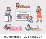 People who read webtoons on mobile. People standing, walking, lying down, lying down, sitting and looking at their phones.
