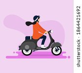 people who ride a vespa. purple background. Flat design vector illustration.