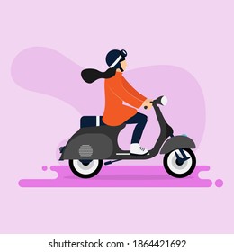 people who ride a vespa. purple background. Flat design vector illustration.