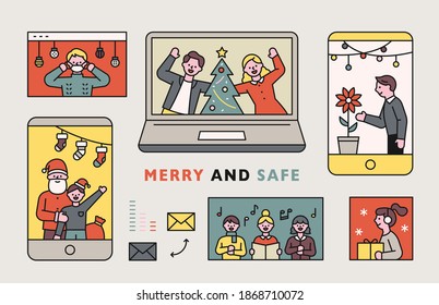 People who say Christmas greetings non-face-to-face. Video chat screen with mobile. flat design style minimal vector illustration.