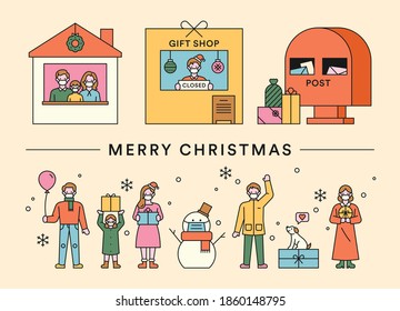 People who send Christmas gifts. People are standing in line and greeting. flat design style minimal vector illustration.