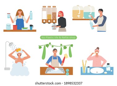 People who shop at zero-waist stores and people with a plastic-free lifestyle. flat design style minimal vector illustration.