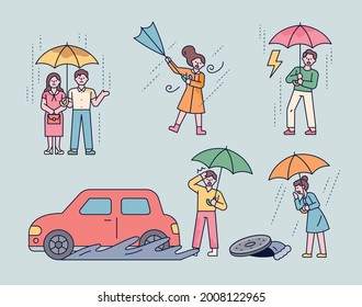 People who show various inconveniences that occur on a rainy day. outline simple vector illustration.