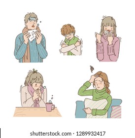 People who are sick in the winter. Men coughing and sneezing, boys chilling, women headache because of the flu, young girls blow the nose. hand drawn vector design illustrations.