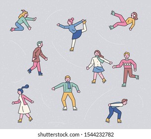 People who skate happily on the ice. flat design style minimal vector illustration.