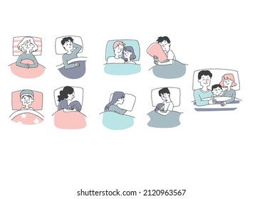 People who sleep happily Comical handwritten person illustrations Vector line drawings and simple coloring White background