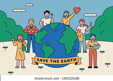 People who stand around the big earth and convey the message of protecting the environment. flat design style minimal vector illustration