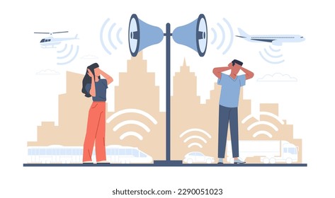 People who suffer from loud noisy city sounds. Man and woman covering ears with hands. City audio speakers, annoyed signals from planes and cars. Cartoon flat isolated vector concept