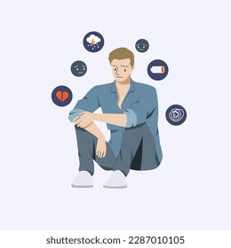 people who suffers from mental health diseases,unhappy,sad and lonely.people surrounded by symptoms of Depression, sorrow, sadness, mental disorder, illness.