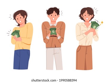 People who are surprised and rejoicing at receiving money. Monetary aid or revenue concept vector illustration.