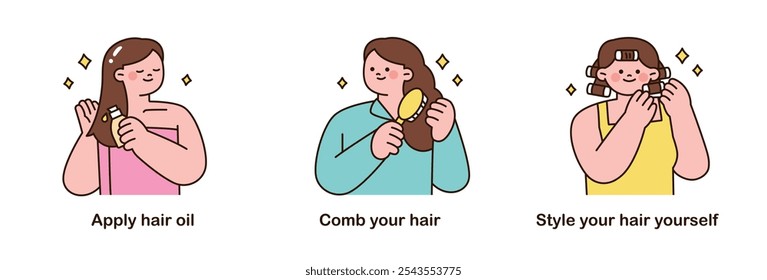 People who take care of themselves for a healthy lifestyle. Hair oil, hair brush, hair roller.