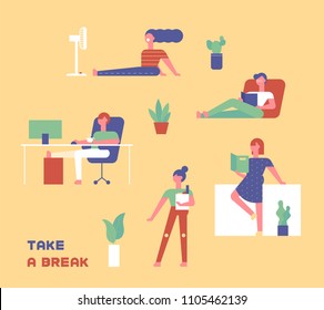 People who are taking a break at home in a variety of ways. flat design style vector graphic illustration set