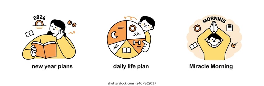 People who think about New Year's plans, create circular daily plans, and have miracle mornings. outline simple vector illustration.