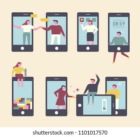 People who use their mobile phones in a variety of ways. flat design style vector graphic illustration set
