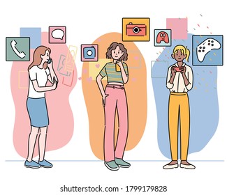 People who use various functions of their mobile phones. hand drawn style vector design illustrations. 