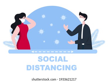 People Who Wear Masks and Maintain a Minimum Social Distancing of 1 Meter to Prevent Coronavirus Disease, Vector Illustration 
