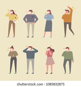 People who wear masks and suffer from fine dust. flat design style vector illustration set