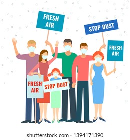 People who wear respirators. Polluted air, smog. Vector