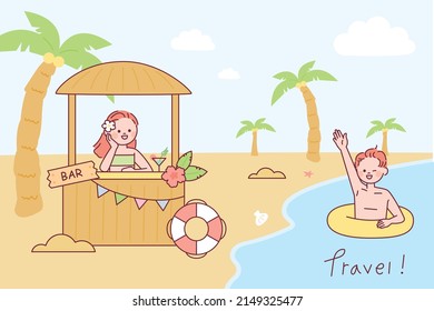 People who went on a summer vacation. The man is swimming in the sea and the woman is working at the cocktail bar. outline simple vector illustration.