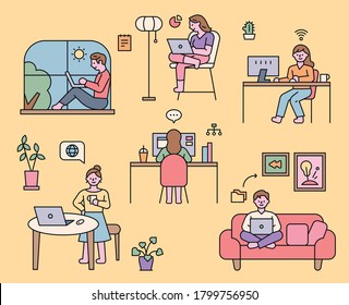 People who work from home in various styles. flat design style minimal vector illustration.