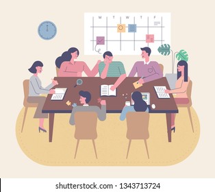 People who work together and discuss teamwork. flat design style minimal vector illustration