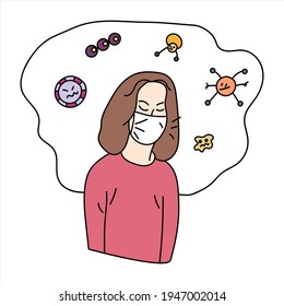 People who are worried and afraid of the coronavirus. Virus. The woman is sick. Vector illustration