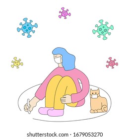 People who worry and fear because of the coronavirus. Virus. Woman and cat. Vector illustration