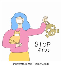 People who worry and fear because of the coronavirus. Virus. Woman, cat, gas mask. Vector illustration